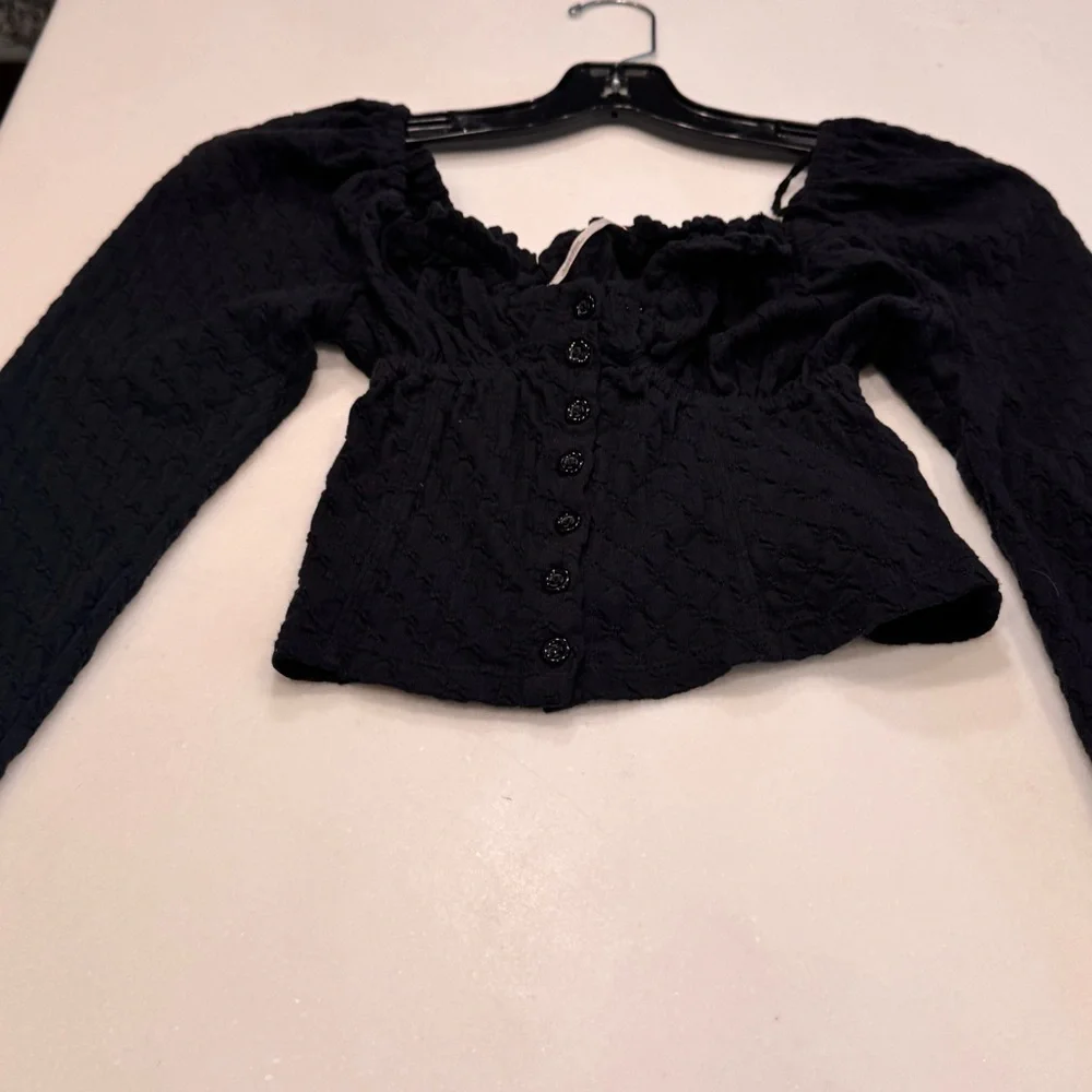 Free People Ladybug Long Sleeve Sweetheart Neck Top Black XS